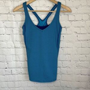 Lucy Women’s Blue Teal Striped Work out Tank Top size xs‎